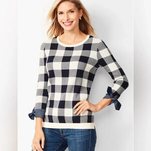 EUC Old Money Talbots Checked Sweater 3/4 sleeve with bows Med Preppy MUST